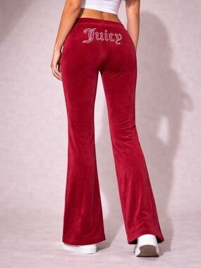 Juicy Couture Red Velour Flare Pants with Rhinestone Logo